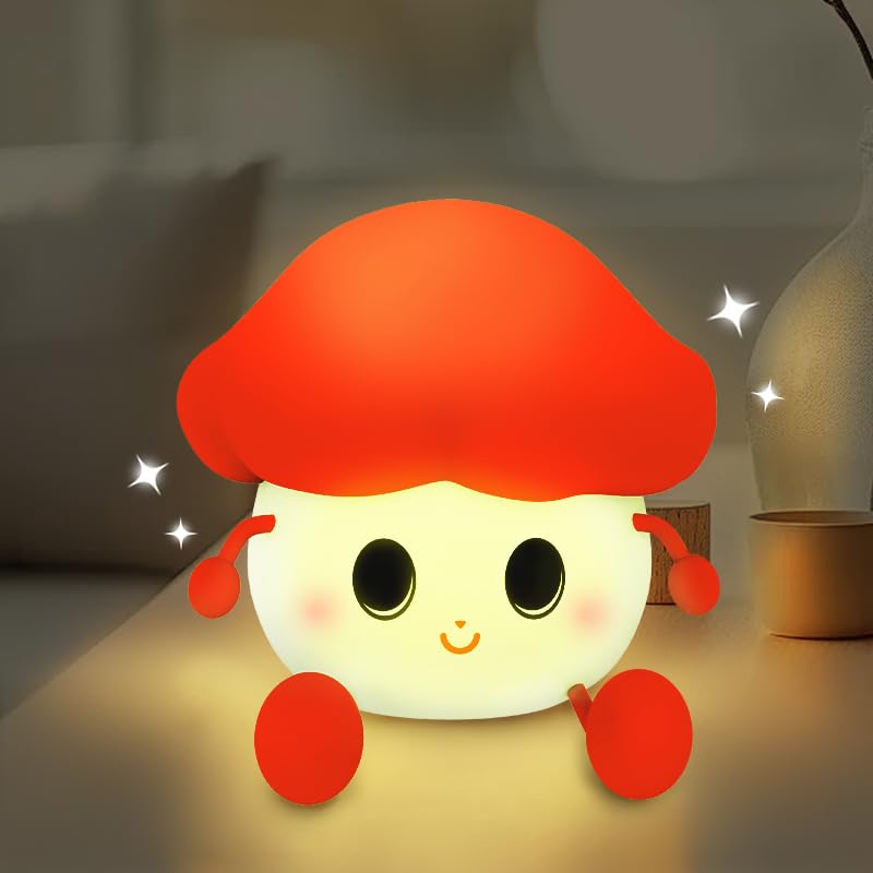 Night Light Mushroom: Milky glass with soft stripes glows gently. Its warm, fuzzy glow feels like a moonlit mushroom patch—cozy, magical, uniquely charming.